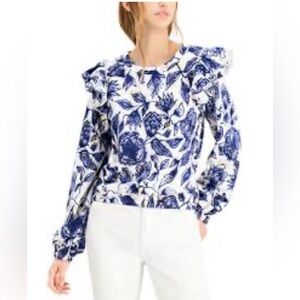 INC International Concepts Blue Floral Sweatshirt with Ruffle
